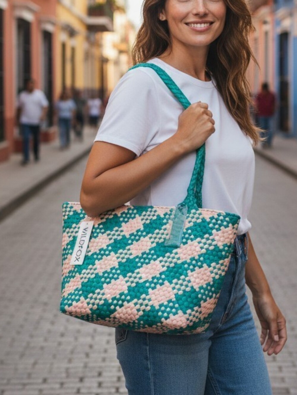 Wildfox Teal and Pale Pink Woven Tote Bag